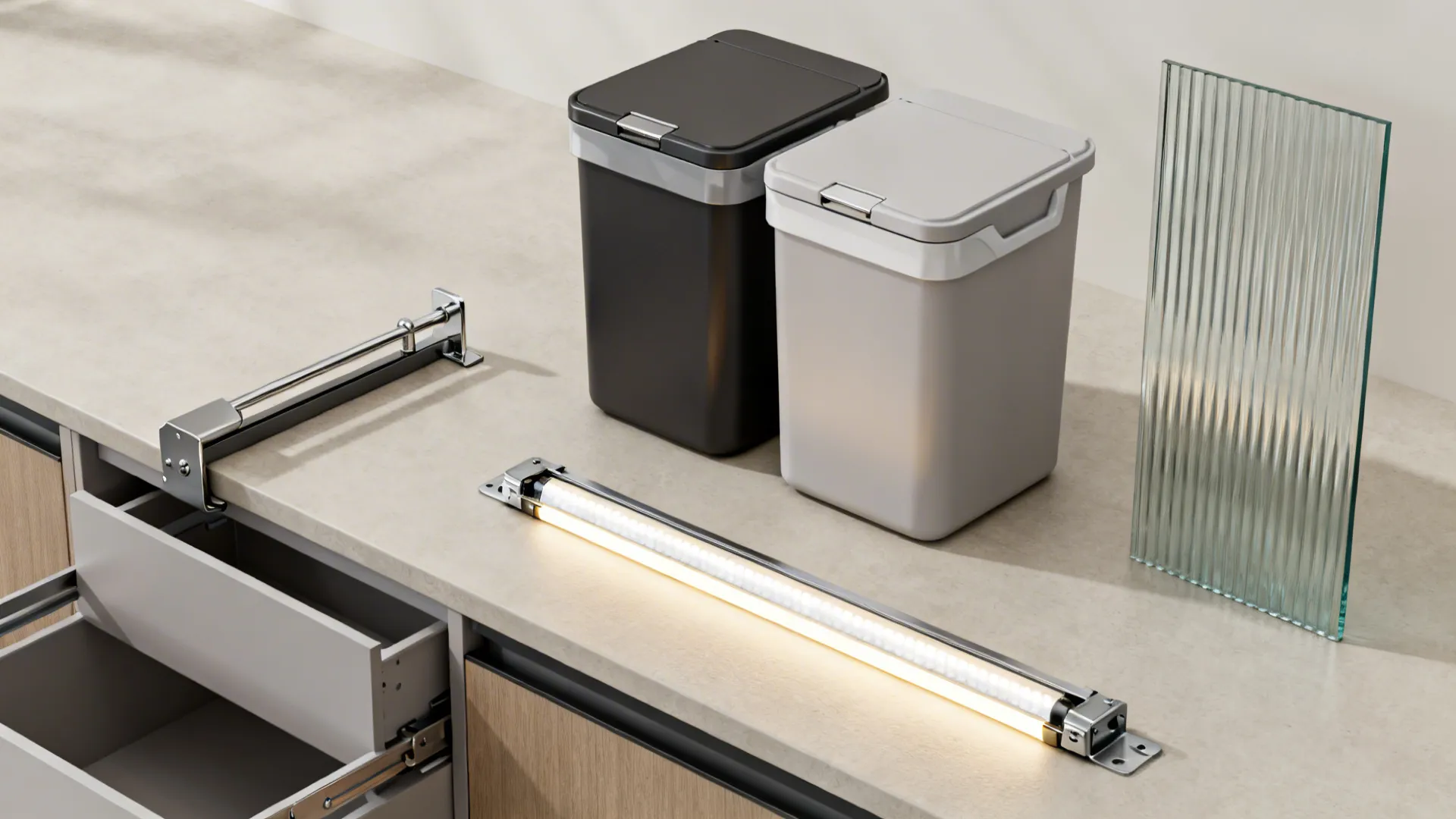 Flat lay of corner pull-out, trash sorter, LED strip, pantry runner, and fluted glass sample.