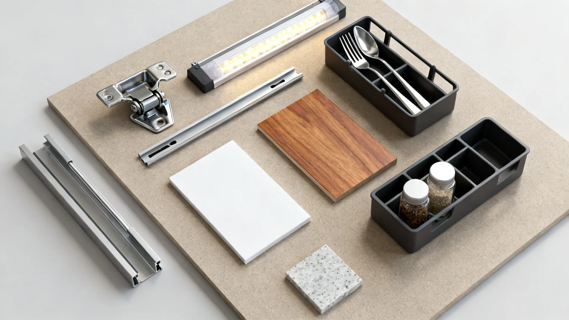 Flat lay of hinges, drawer channels, organizers, LED strip, and finish samples.
