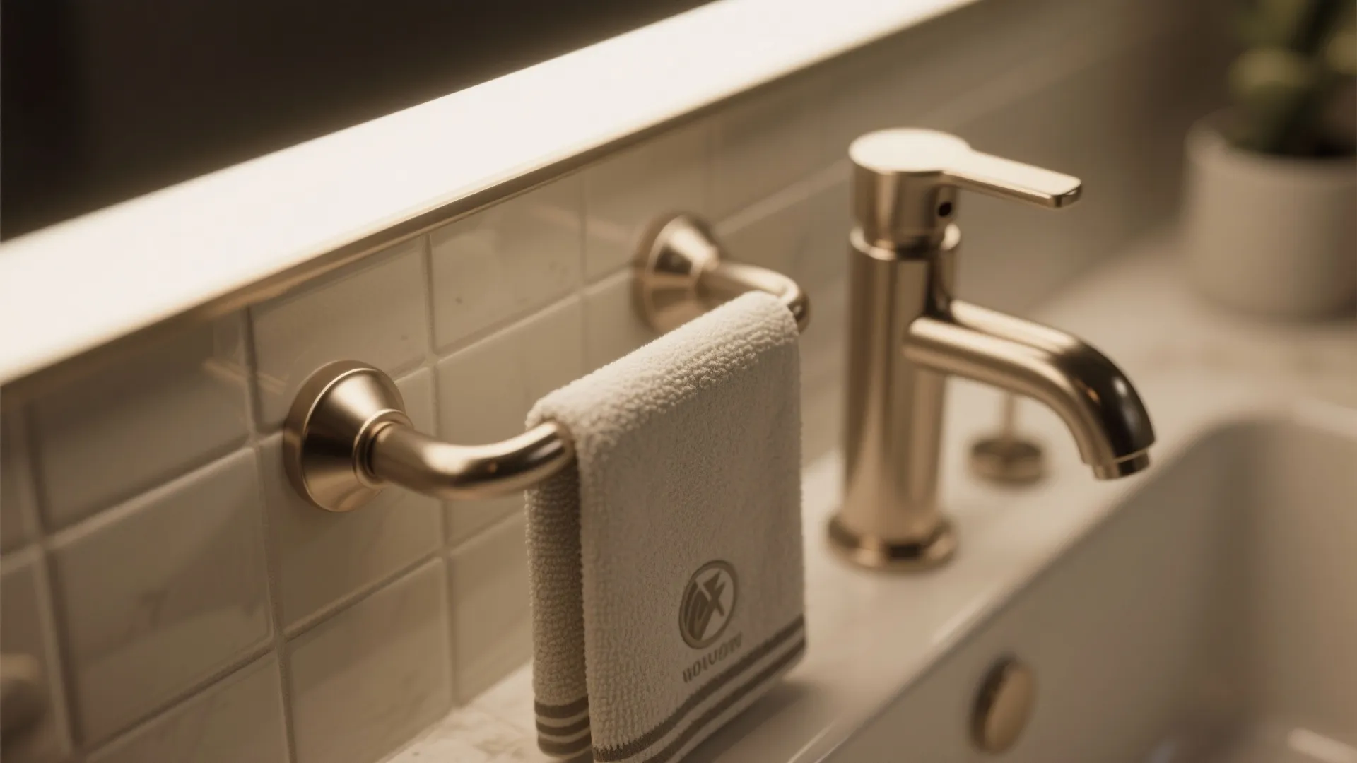 Close up of gold water tap and towel rail with a small white towel in bathroom