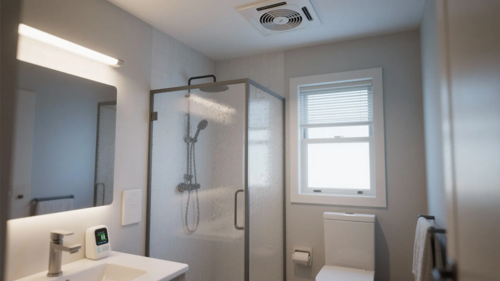 Modern grey bathroom with glass shower stall white toilet wall light mirror and small window