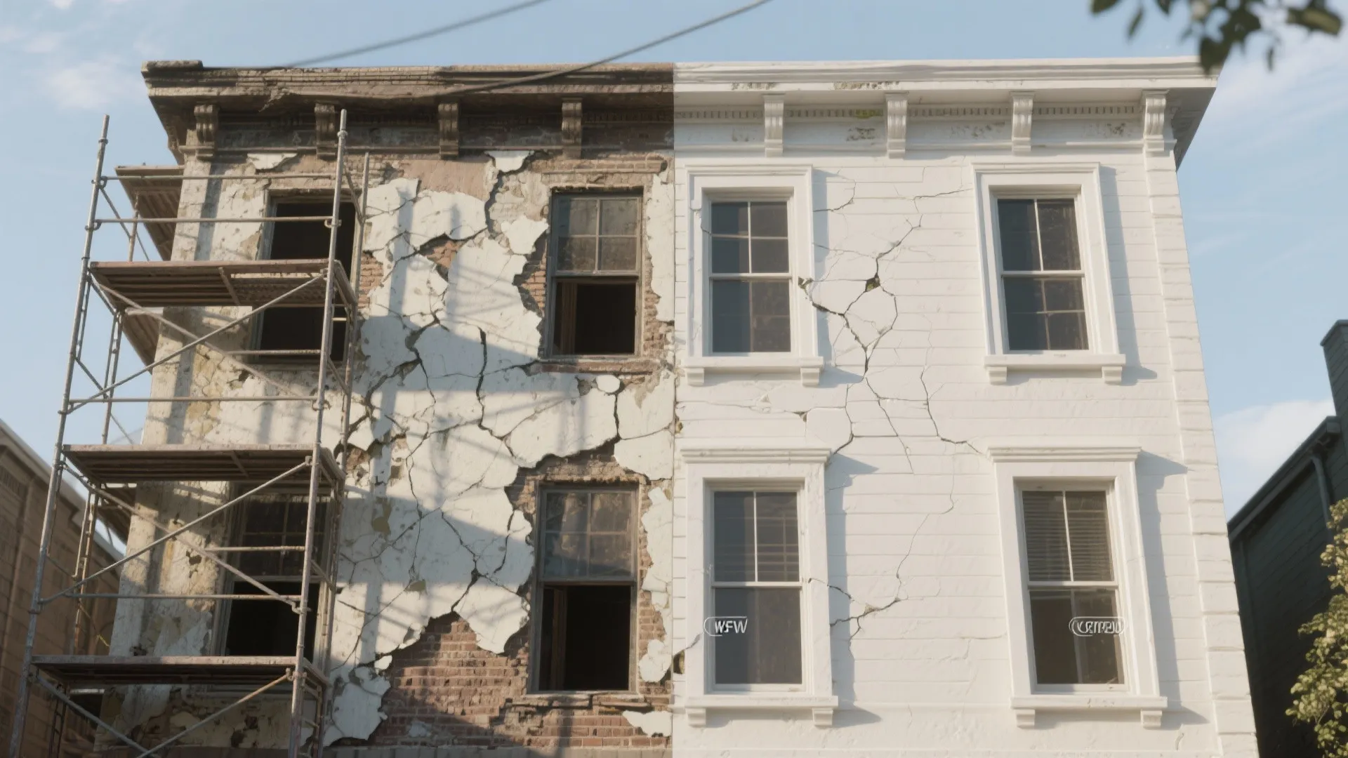 Before and after comparison showing old damaged building facade next to a clean white exterior