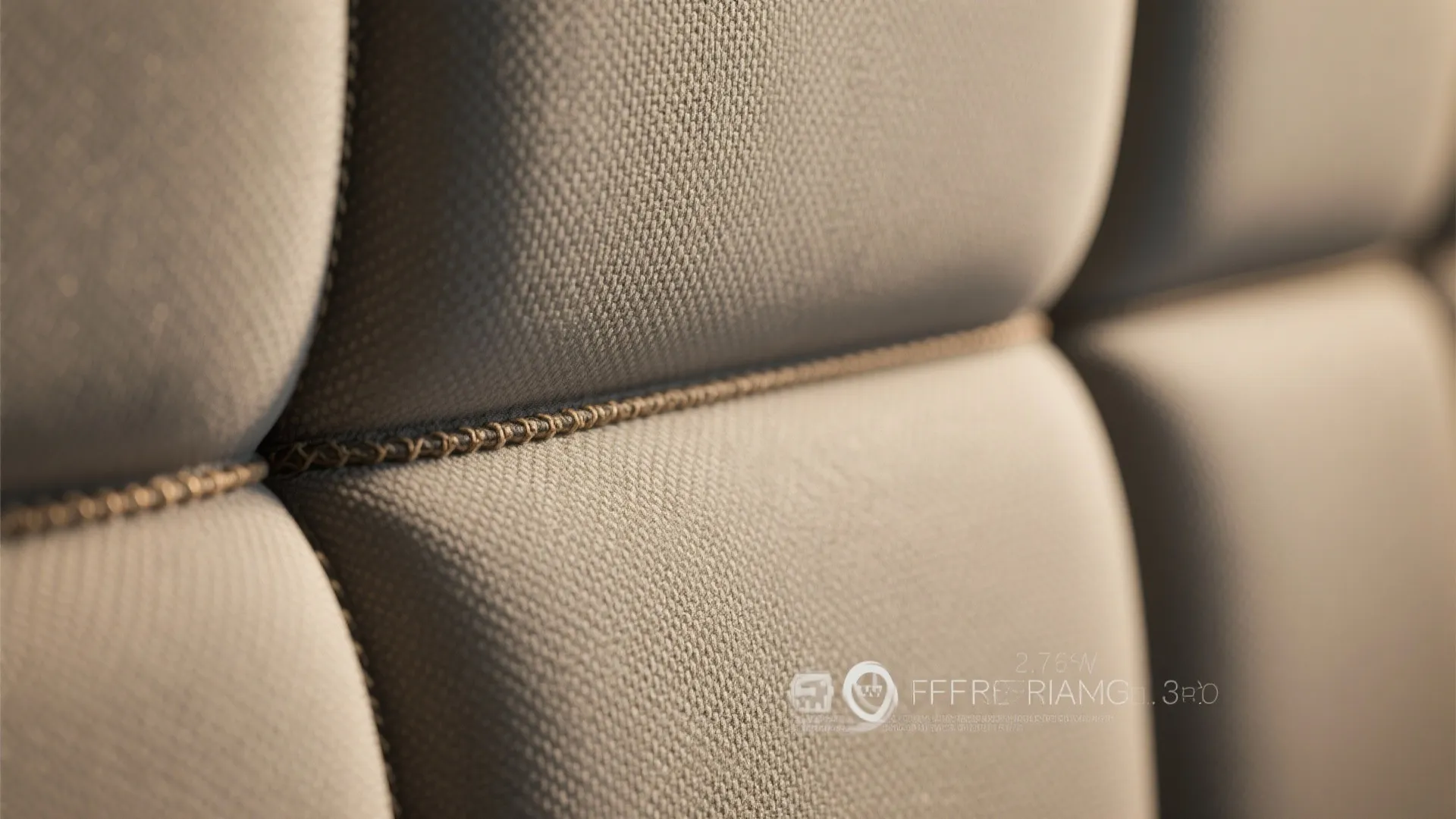 Close up view of beige fabric wall panel material showing detailed texture and brown stitching