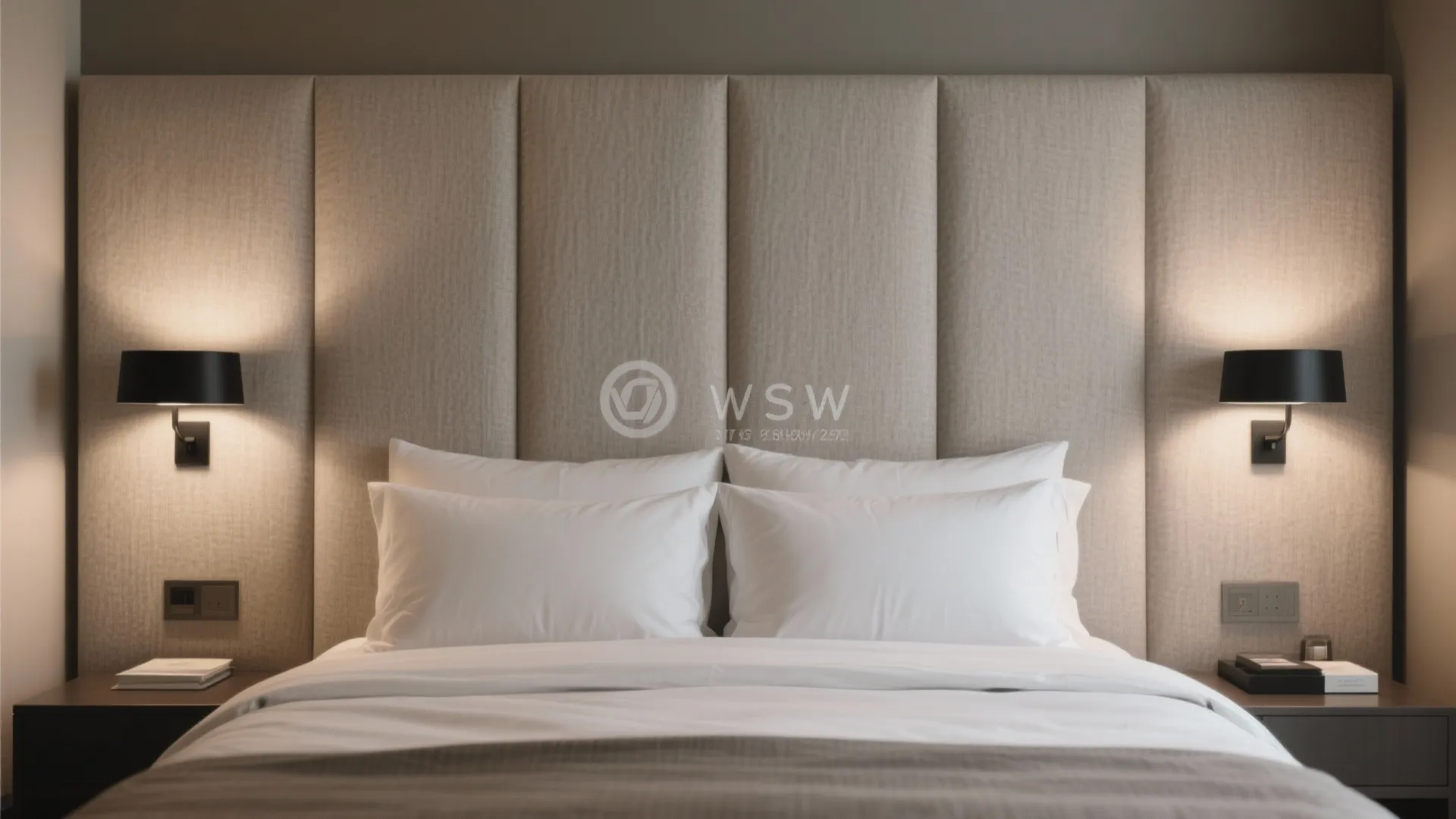 Modern bedroom with a large beige wall panel headboard two wall lights and white bedding