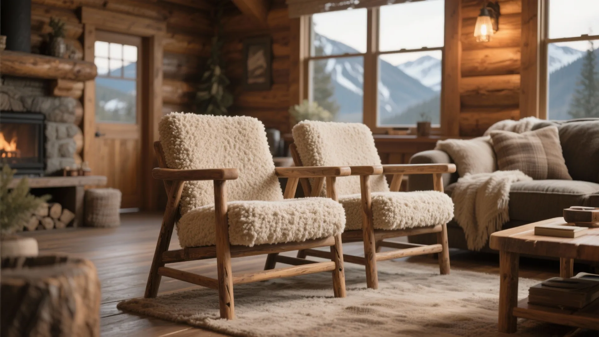 Two wooden armchairs with white fuzzy cushions inside a cozy log cabin with a fireplace