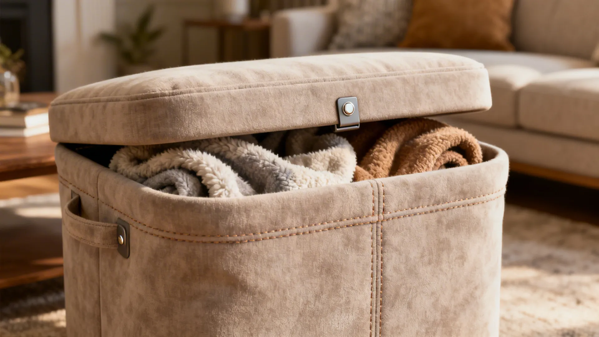 Upholstered blanket basket with magnetic lid showing fabric detail and secure closure.