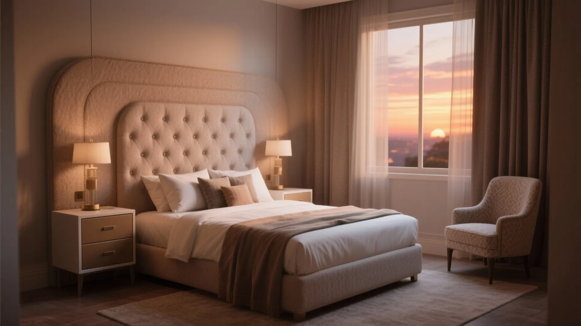 5. Upholstered queen bed + twin chests + accent chair