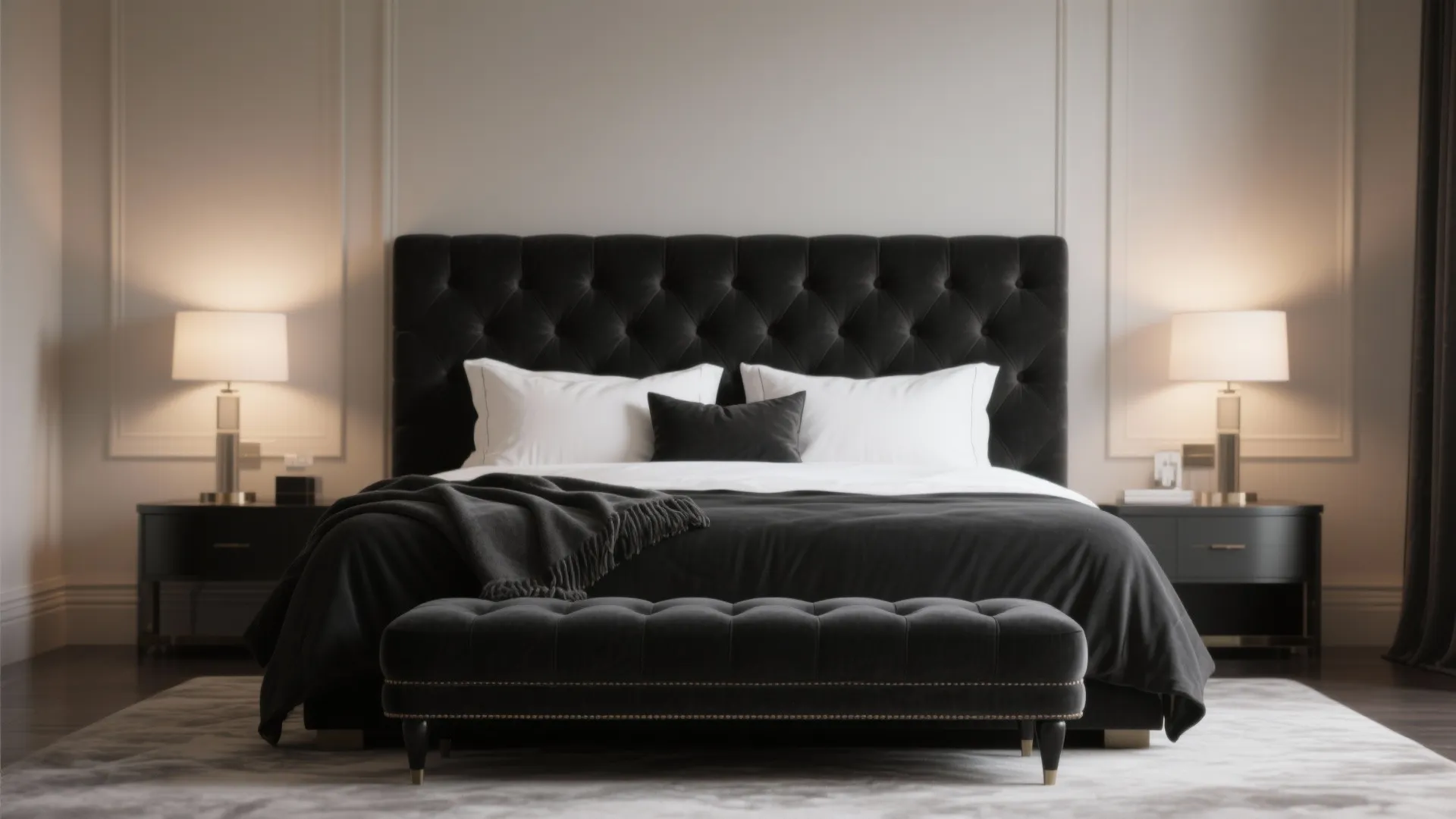 Modern master bedroom featuring a black tufted headboard matching footrest white pillows and table lamps