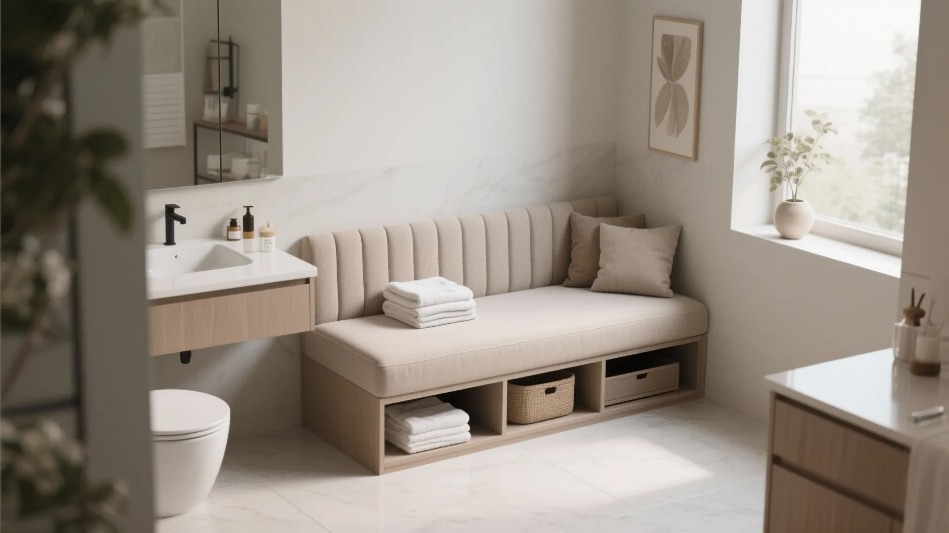 Minimalist bathroom with a cream sofa bench featuring storage cubbies white towels and wooden cabinet
