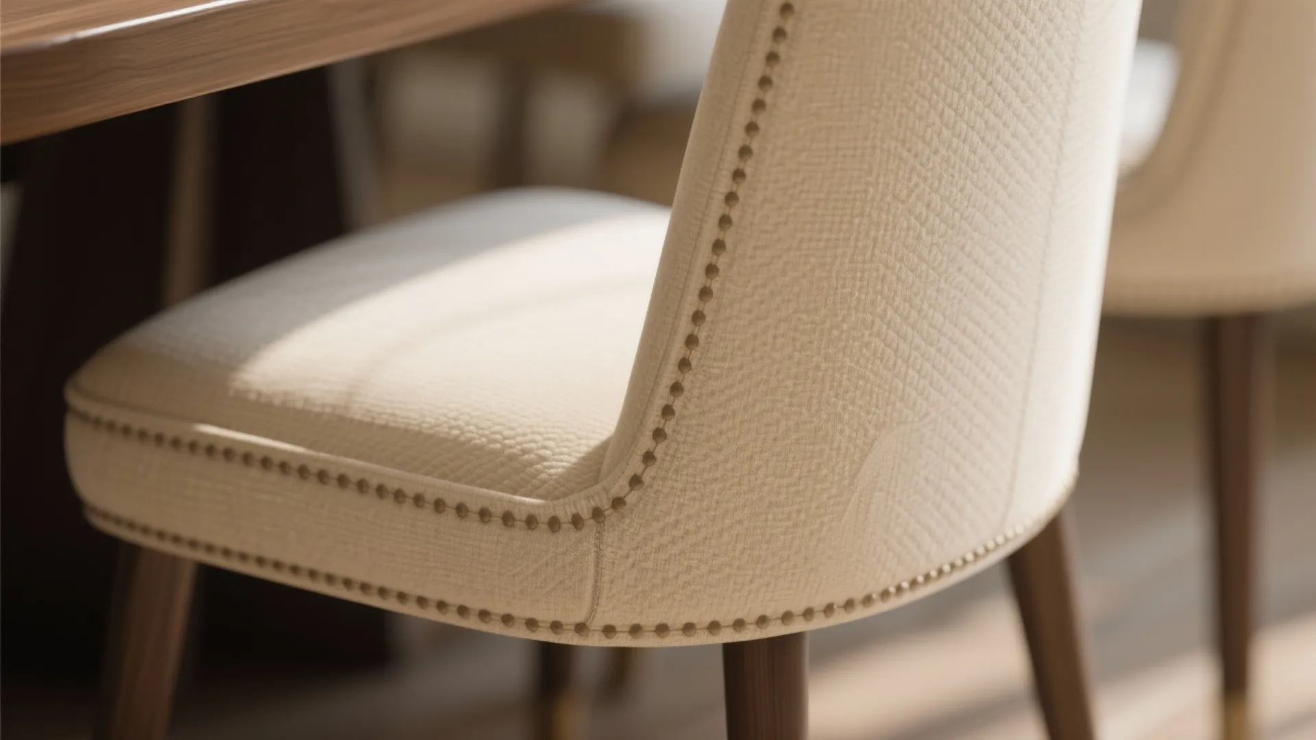 Close up of beige fabric chair with small metal studs and dark brown wooden legs
