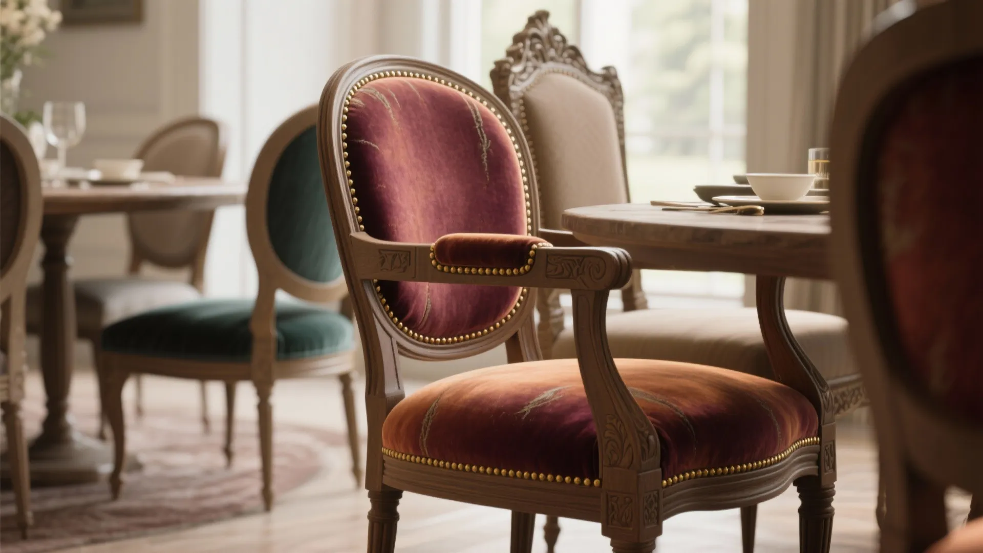 Mix upholstered chairs with one statement head chair