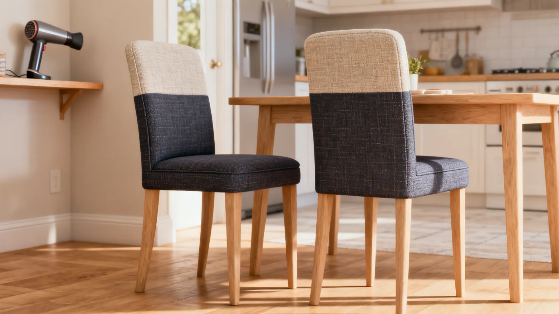 Two blue and beige fabric dining chairs standing at a wooden table in bright kitchen
