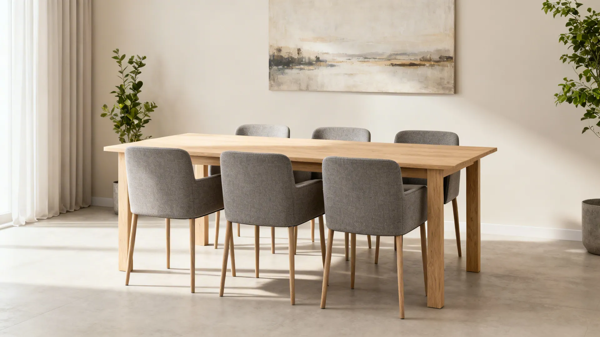 Six-seat dining with slim upholstered chairs in performance fabric around a light wood table.