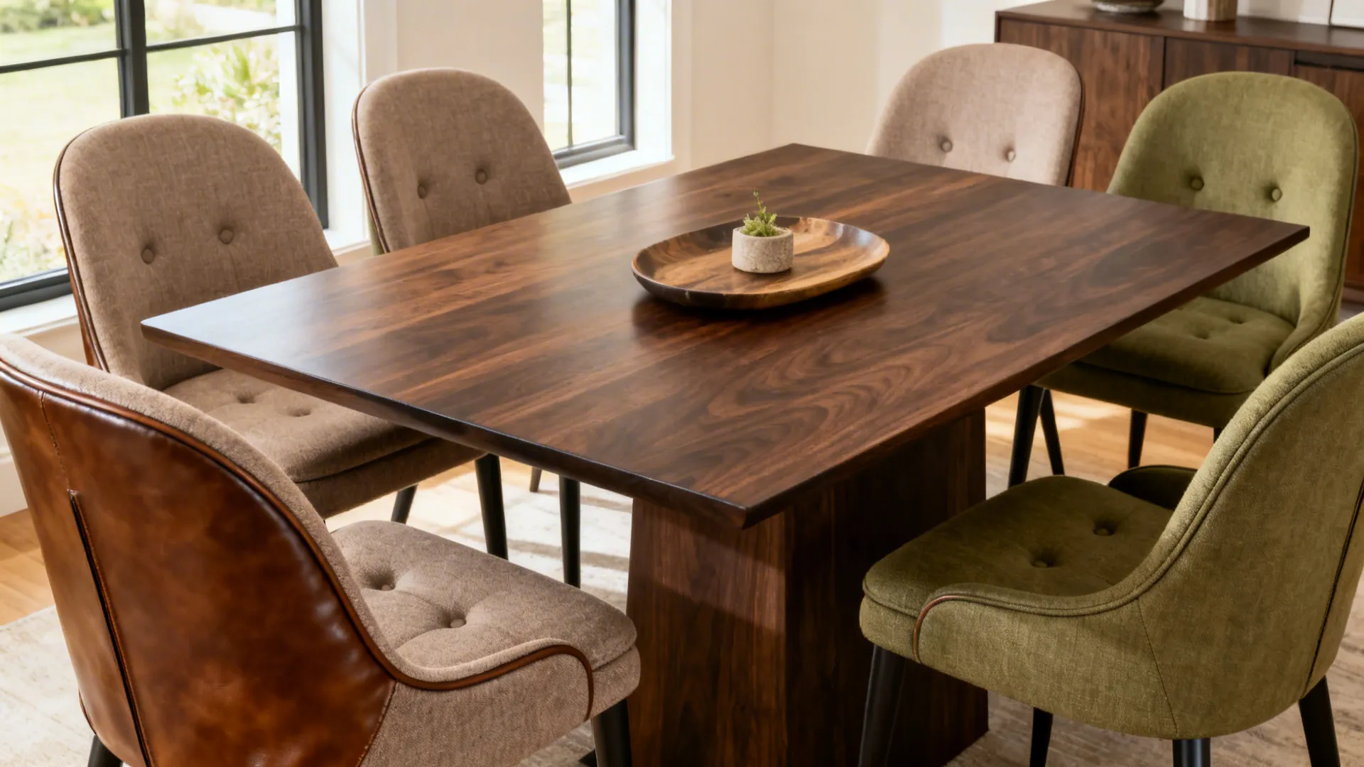 Close up of dark wood dining table surrounded by green and brown fabric upholstered chairs