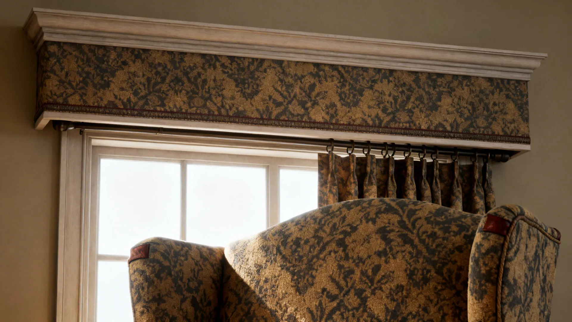 Upholstered cornice board with patterned textile front matching seating