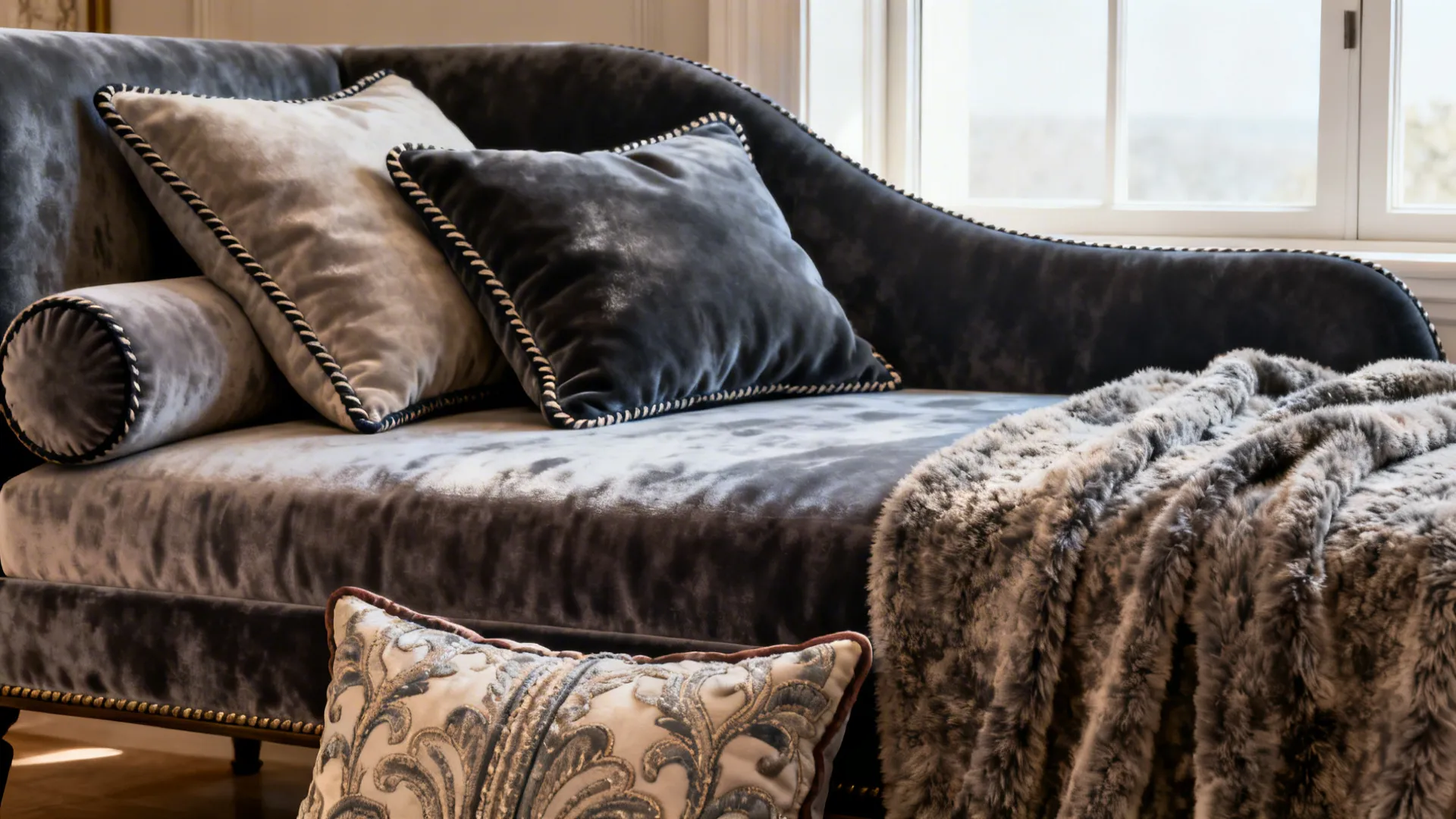 Close-up of a velvet upholstered daybed with layered pillows and a textured throw.
