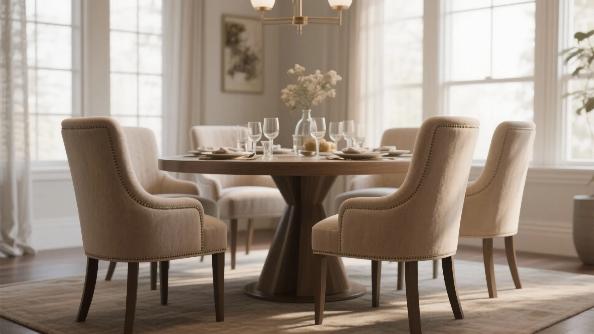 Classic dining room with round wooden table beige soft chairs ceiling light and large windows
