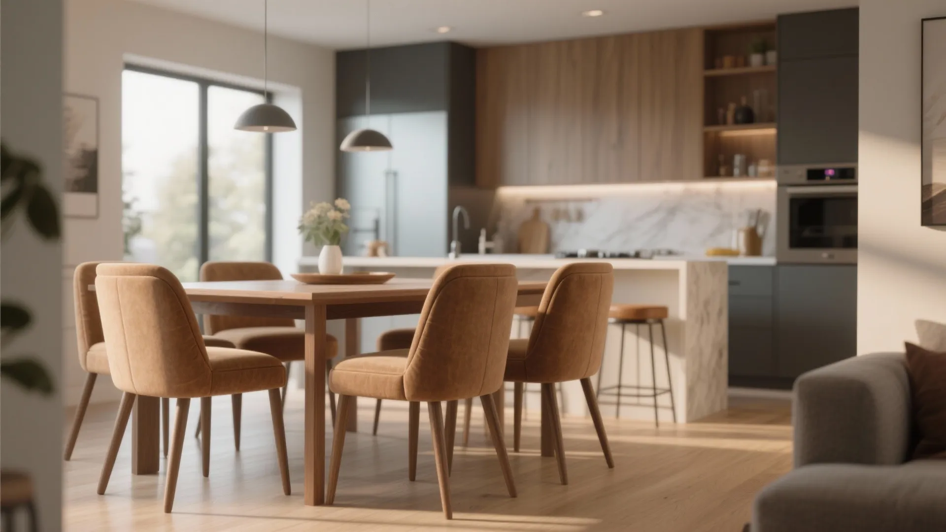 3. Use light brown upholstered chairs to soften modern kitchens