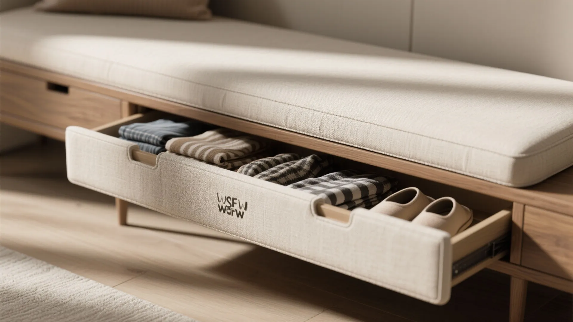 1. Slim upholstered bench with pull-out drawers