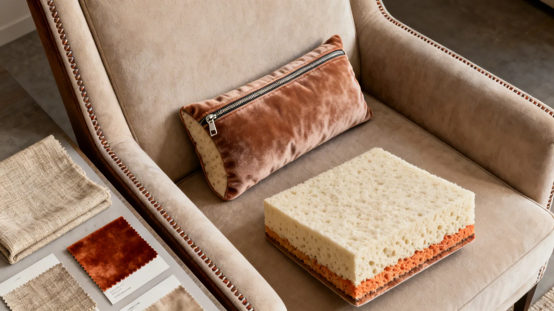 Flatlay of an upholstered armchair with a removable lumbar cushion and fabric swatches.