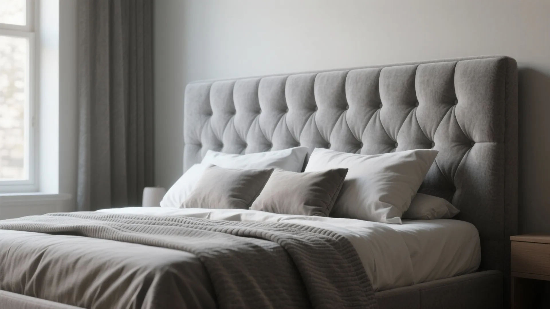Grey upholstered headboard with tufted pattern on a cozy bed with white pillows and blankets
