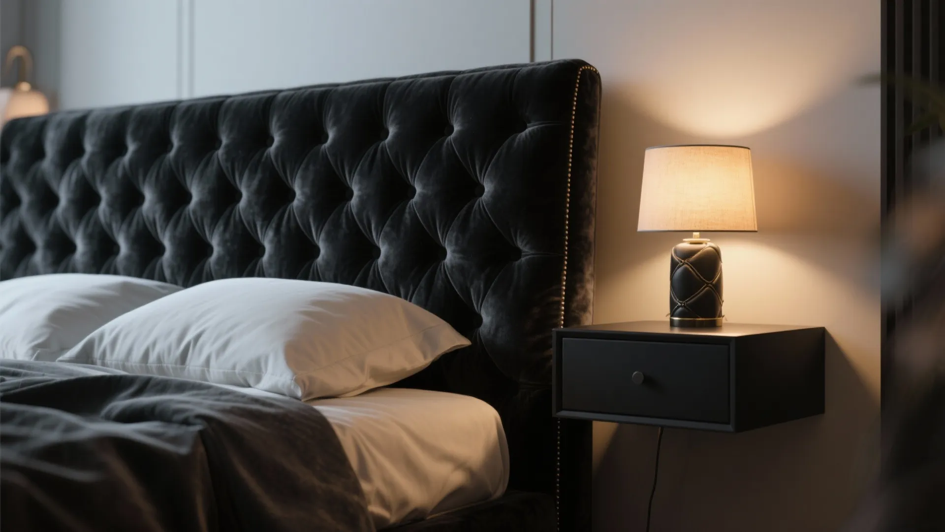 2. Black upholstered headboard plus floating nightstands
