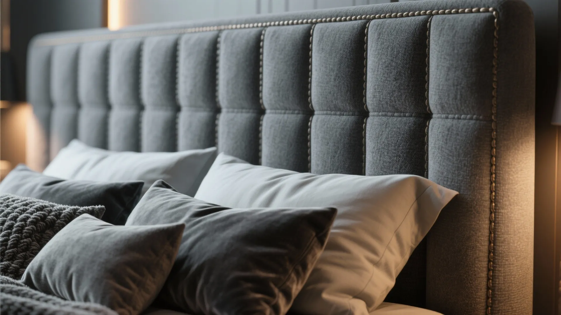 4. Upholstered grey headboard for texture and warmth