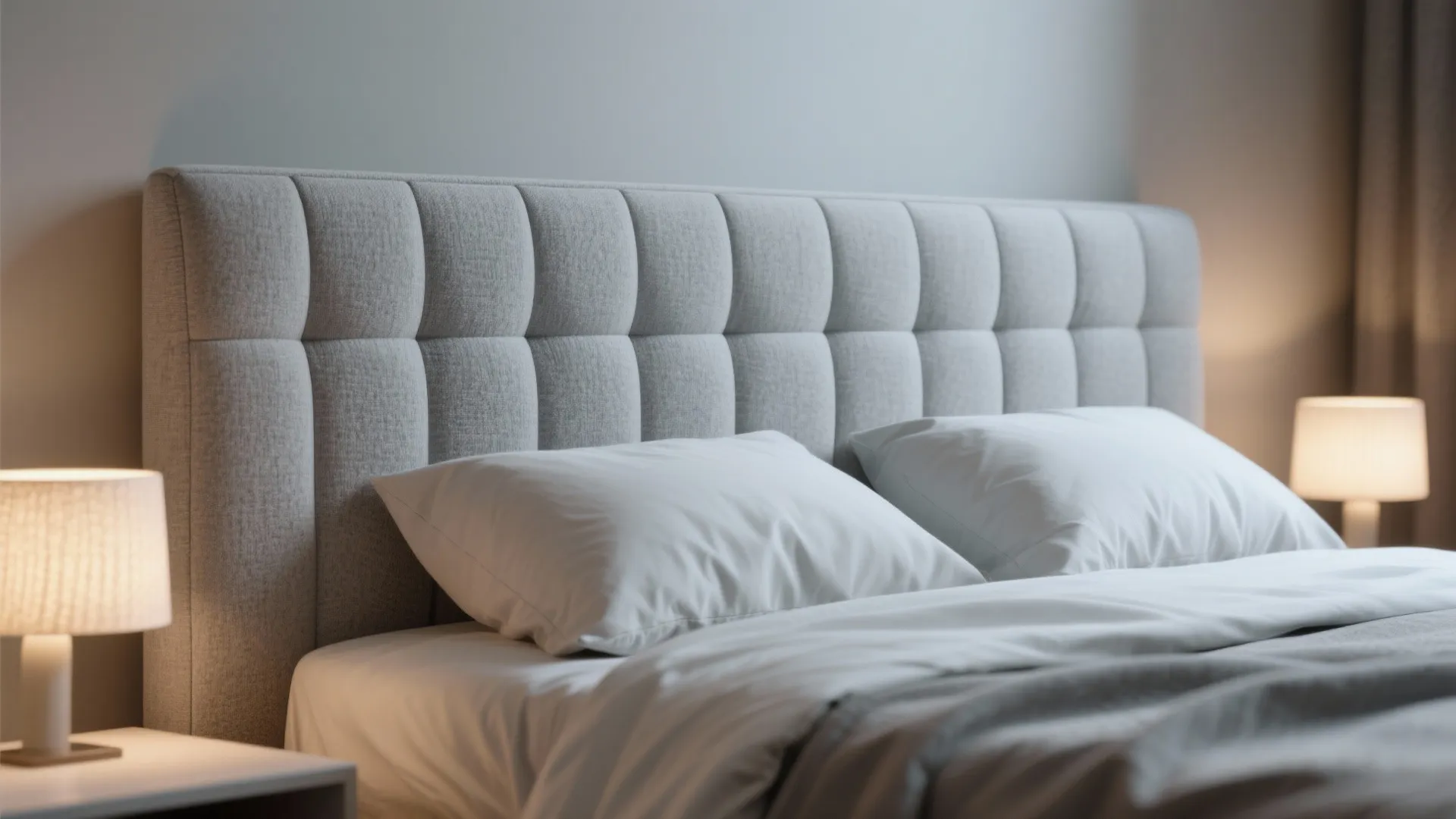 Close up of grey padded headboard with white pillows and warm bedside table light fixtures