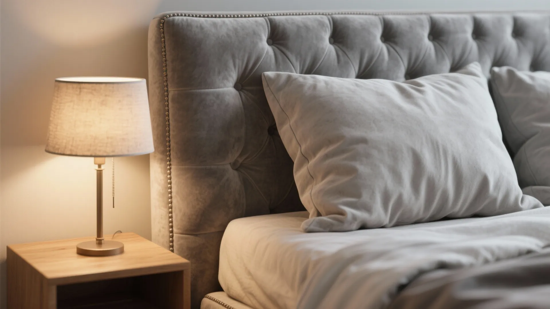 Close-up of a soft grey velvet upholstered headboard with wooden nightstand