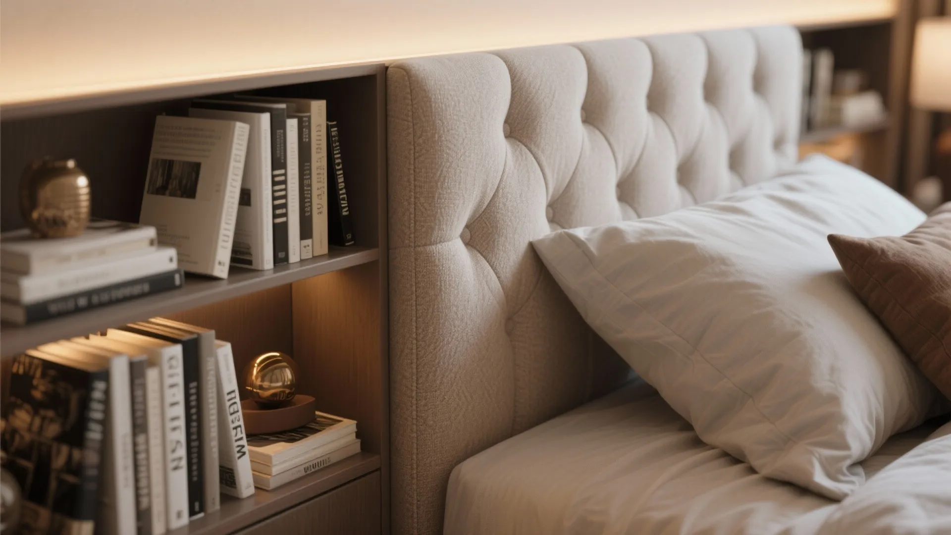 Close-up of headboard with hidden side shelves for books