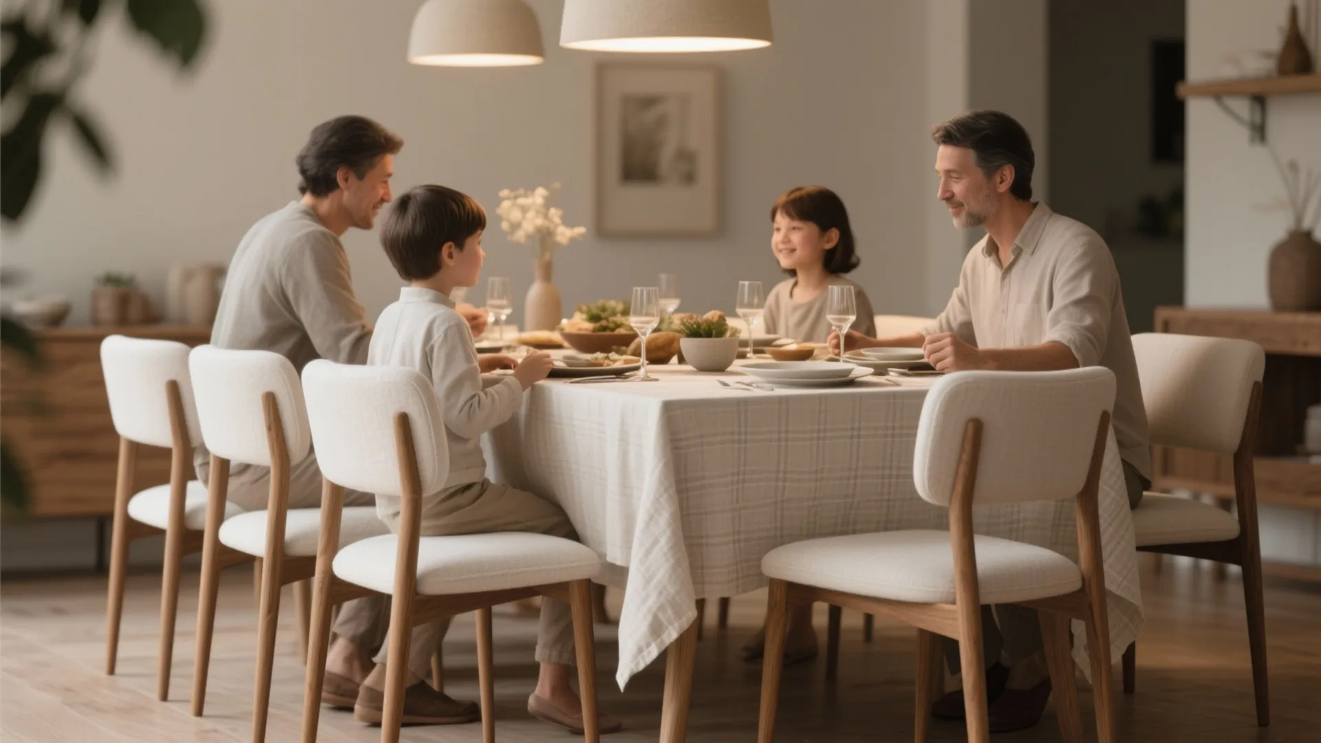 4. Upholstered white seats with exposed wooden legs