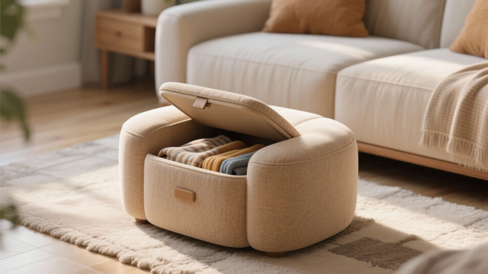 5. Upholstered Accent Table/Ottoman: Soft surface, storage option