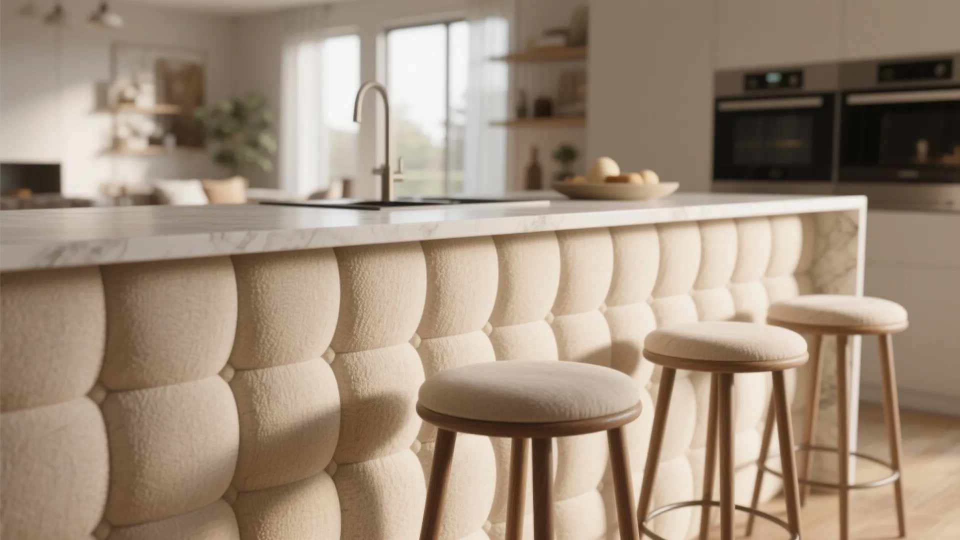 Elegant marble kitchen island with soft beige wall panel texture and matching round bar stools