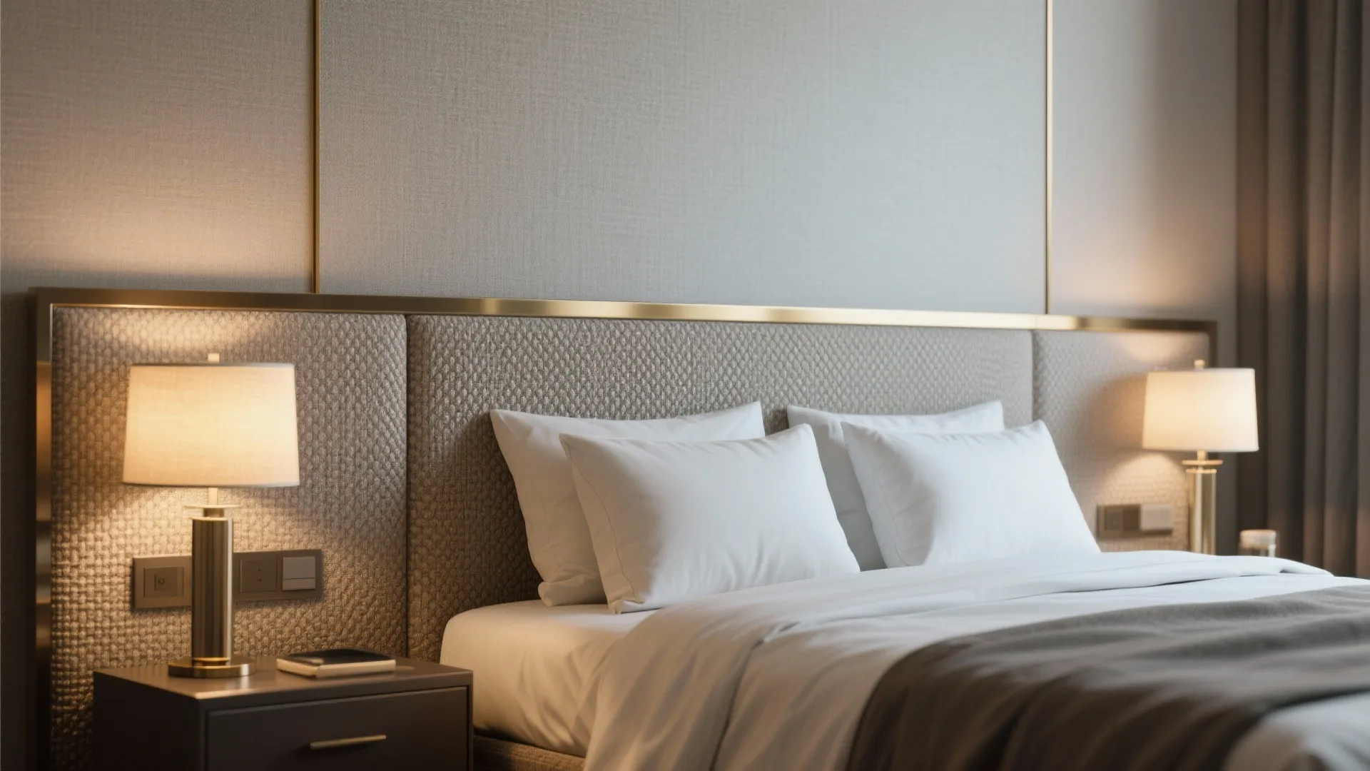 Modern bedroom with upholstered wall panel gold trim warm table lights and soft white pillows
