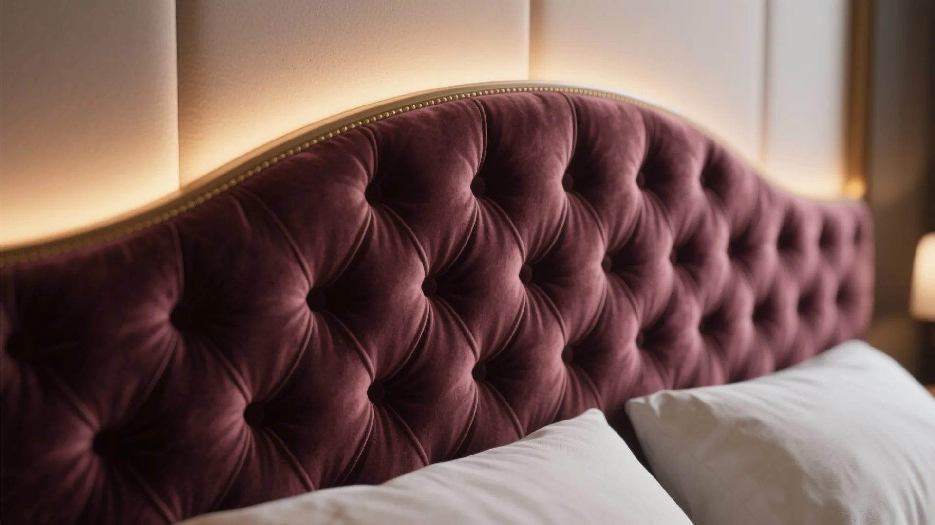 Close up of a purple velvet tufted headboard with warm backlight and white pillows below