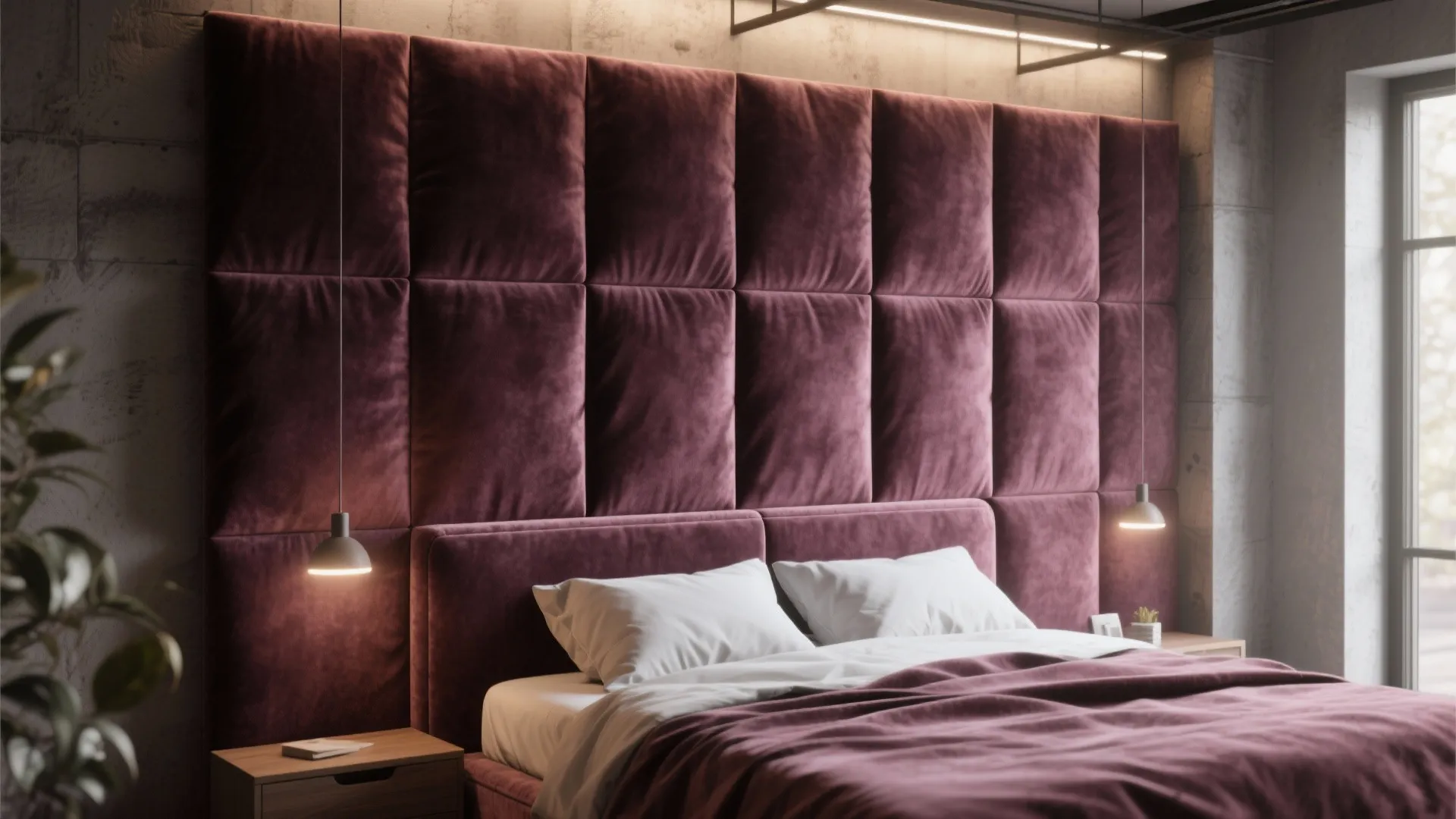 Velvet upholstered wall panels behind a bed providing softness and acoustic benefits in a loft bedroom.