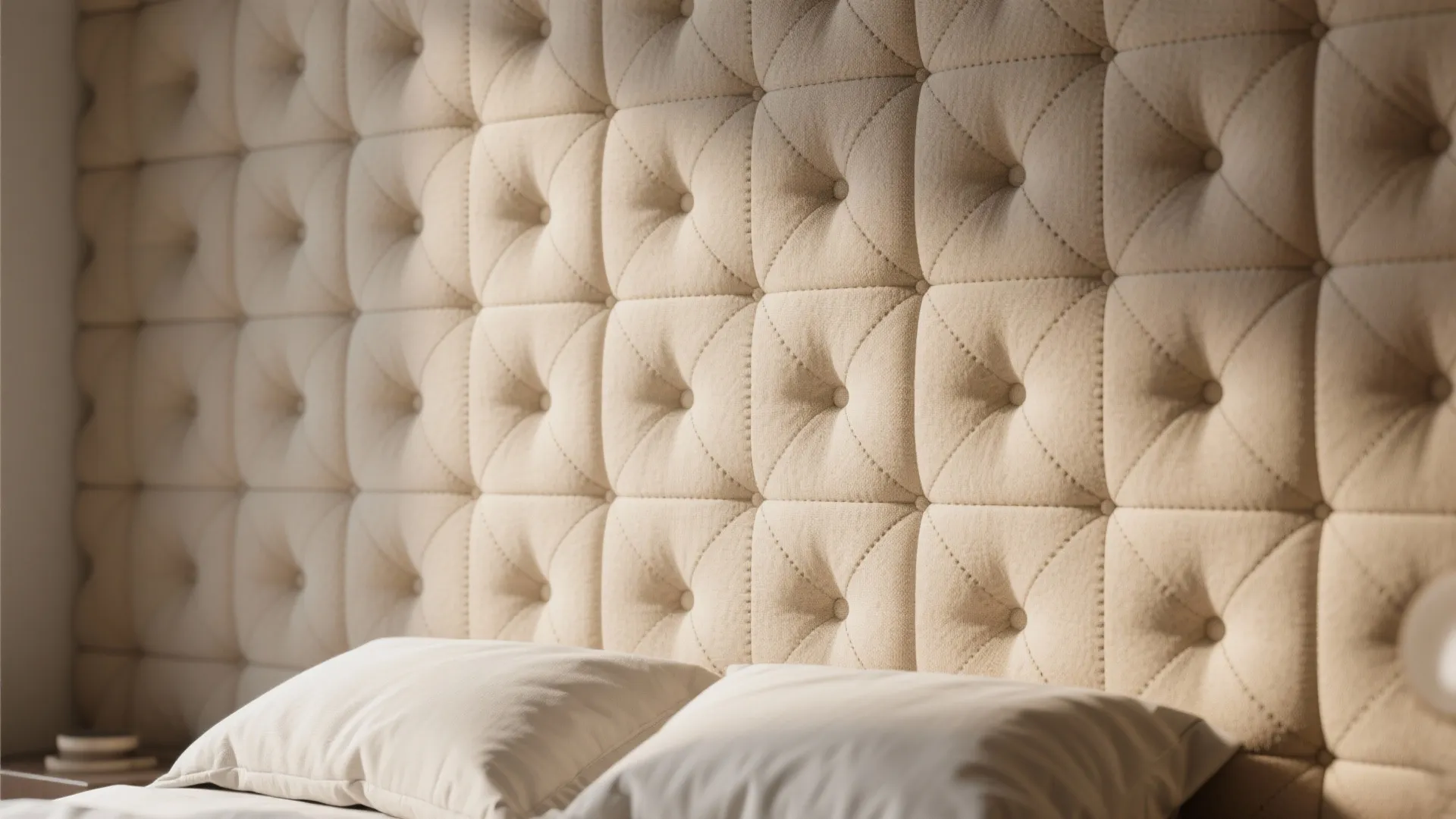 Close-up of modular upholstered wall panels behind a bed showing fabric texture and stitching