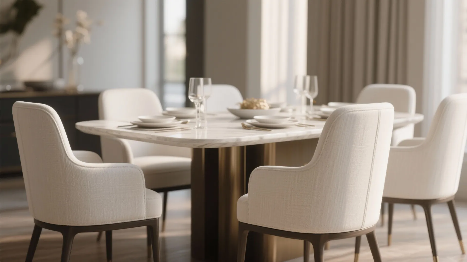 2. Upholstered white chairs with stain-resistant fabric