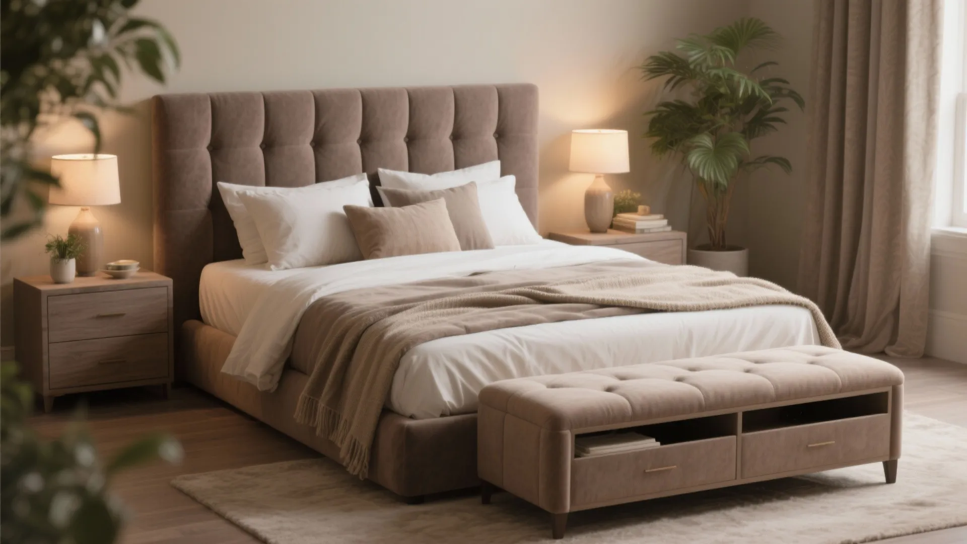 2. Upholstered queen bed, matching bench, nightstand, and chest