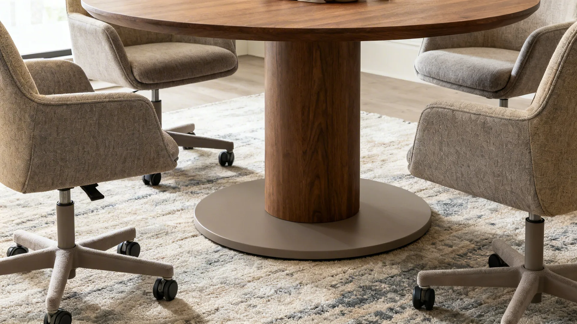 Upholstered chairs on soft casters around a wheeled pedestal dining table.