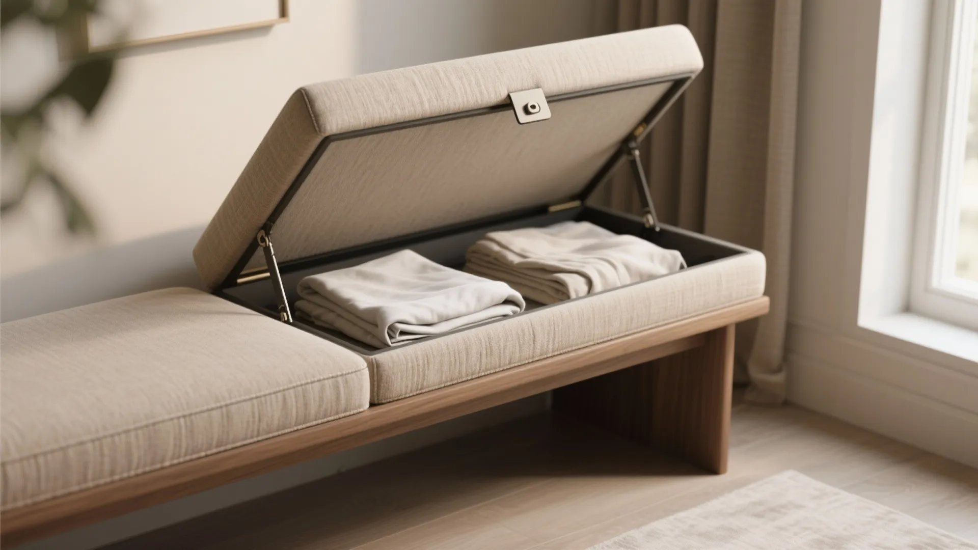 1. Narrow upholstered bench with hidden storage