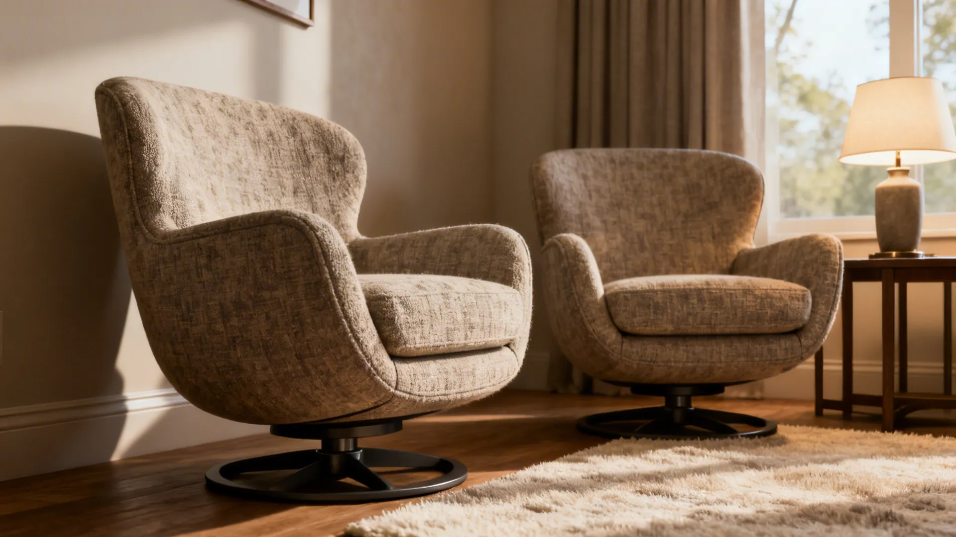A pair of upholstered swivel armchairs arranged for conversation in warm daylight