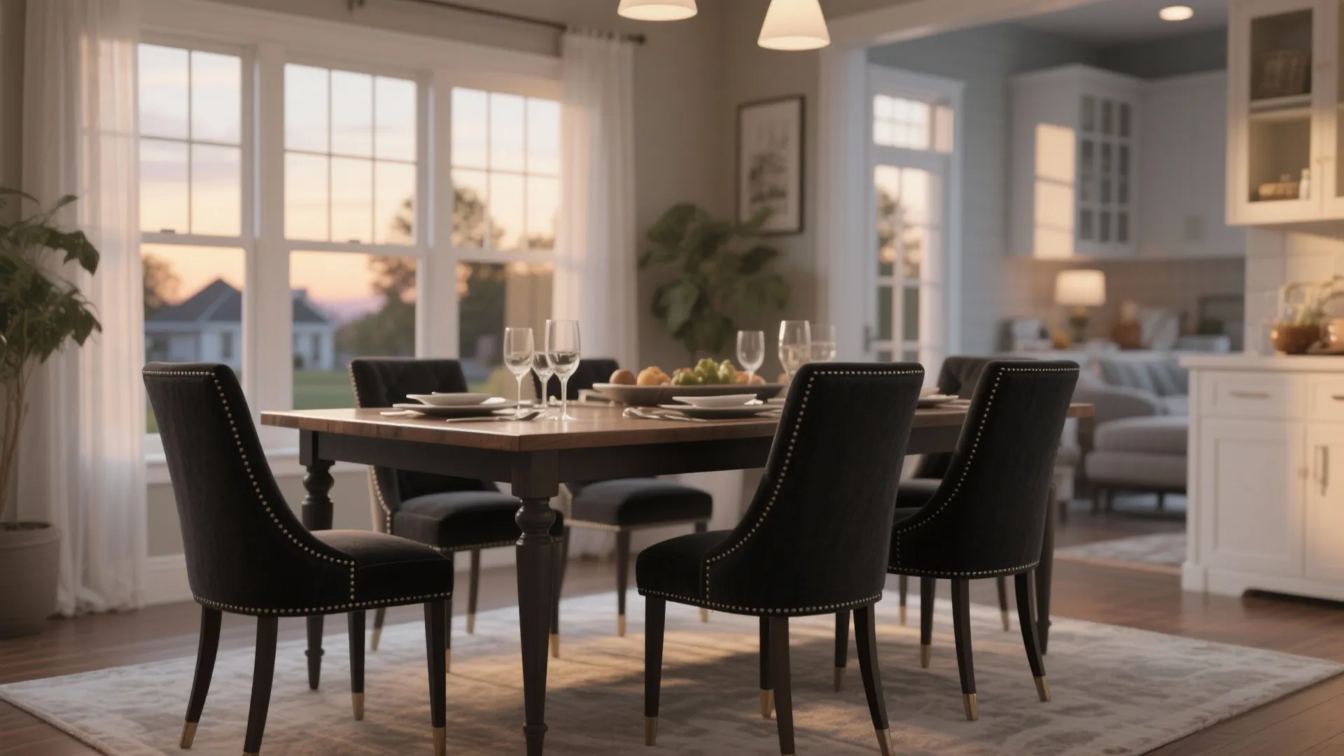 Wooden dining table with plates glasses and black upholstered chairs featuring small gold tipped legs