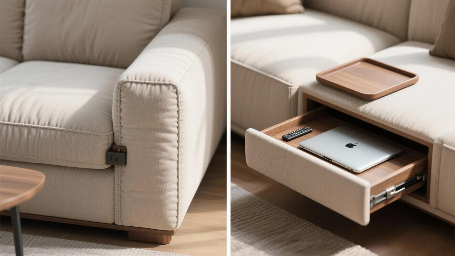 Diptych showing a cushioned upholstered arm cap and the same piece with its hidden pull-out tray open holding a laptop.