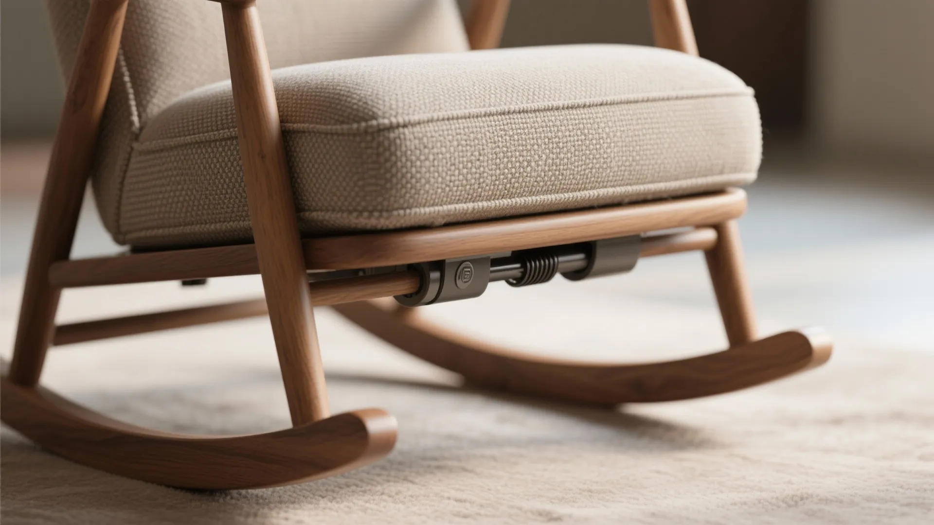 Close-up of an upholstered rocker showing a concealed compact base and textured performance fabric.
