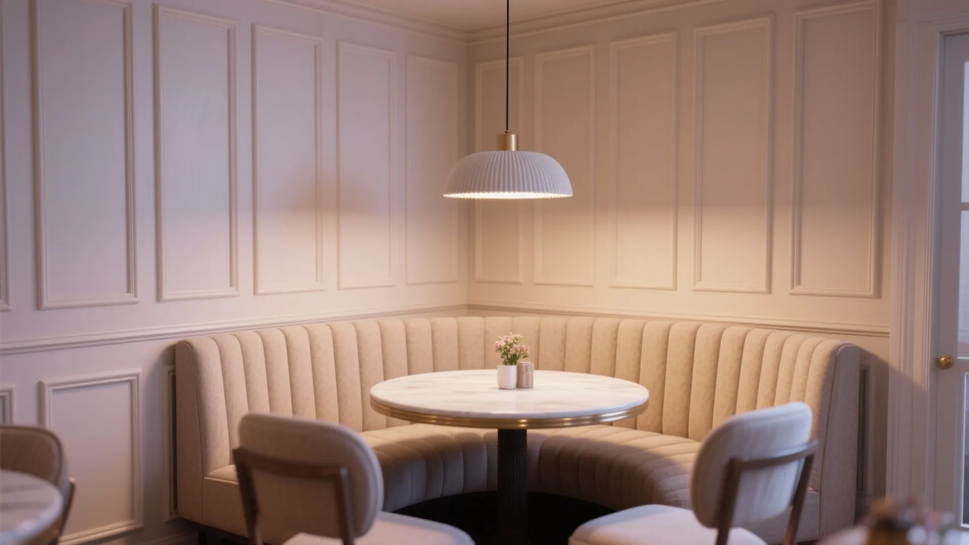 Cozy breakfast nook with curved upholstered sofa marble table white wall panel and ceiling light