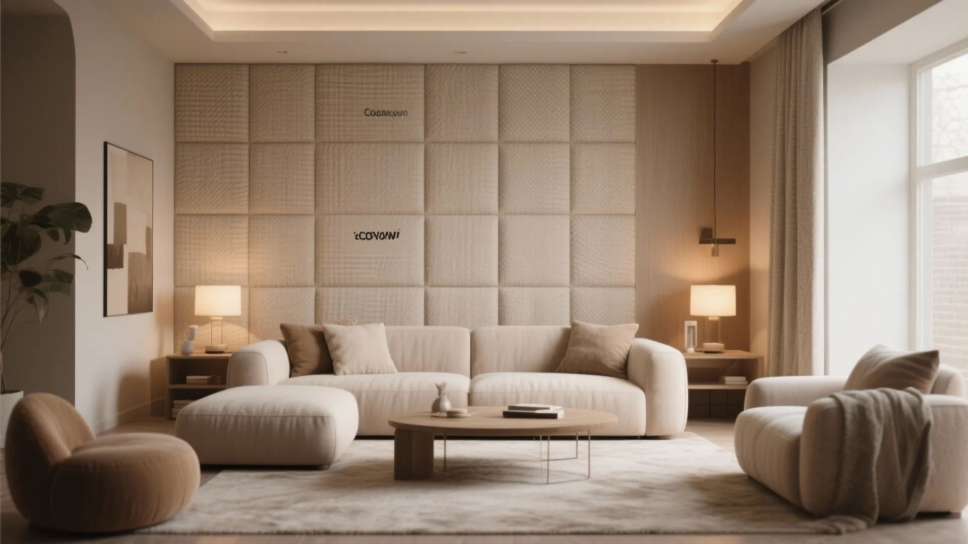 Elegant living room with square fabric wall panel beige sofa round wooden table and curtains