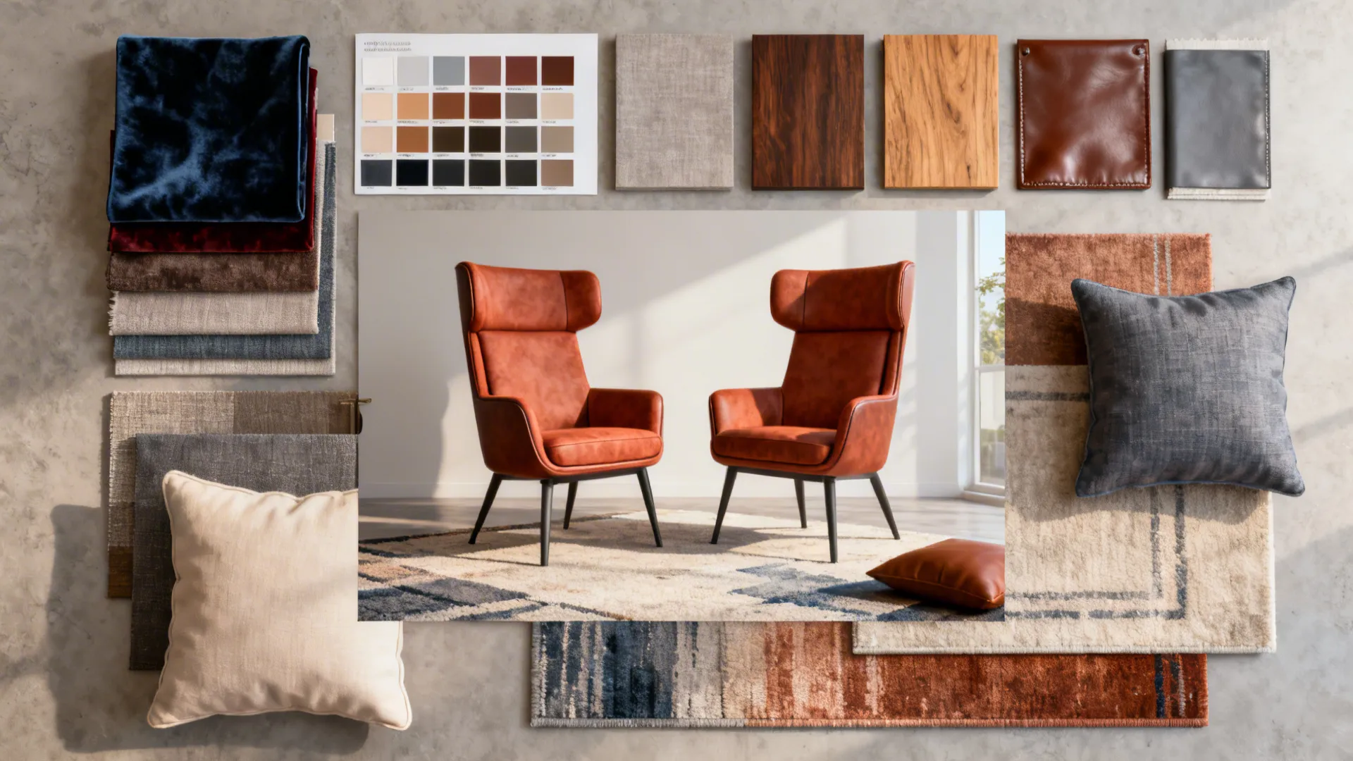 Material flatlay with upholstery swatches and two high-back chair vignettes showing coordinated color and texture.