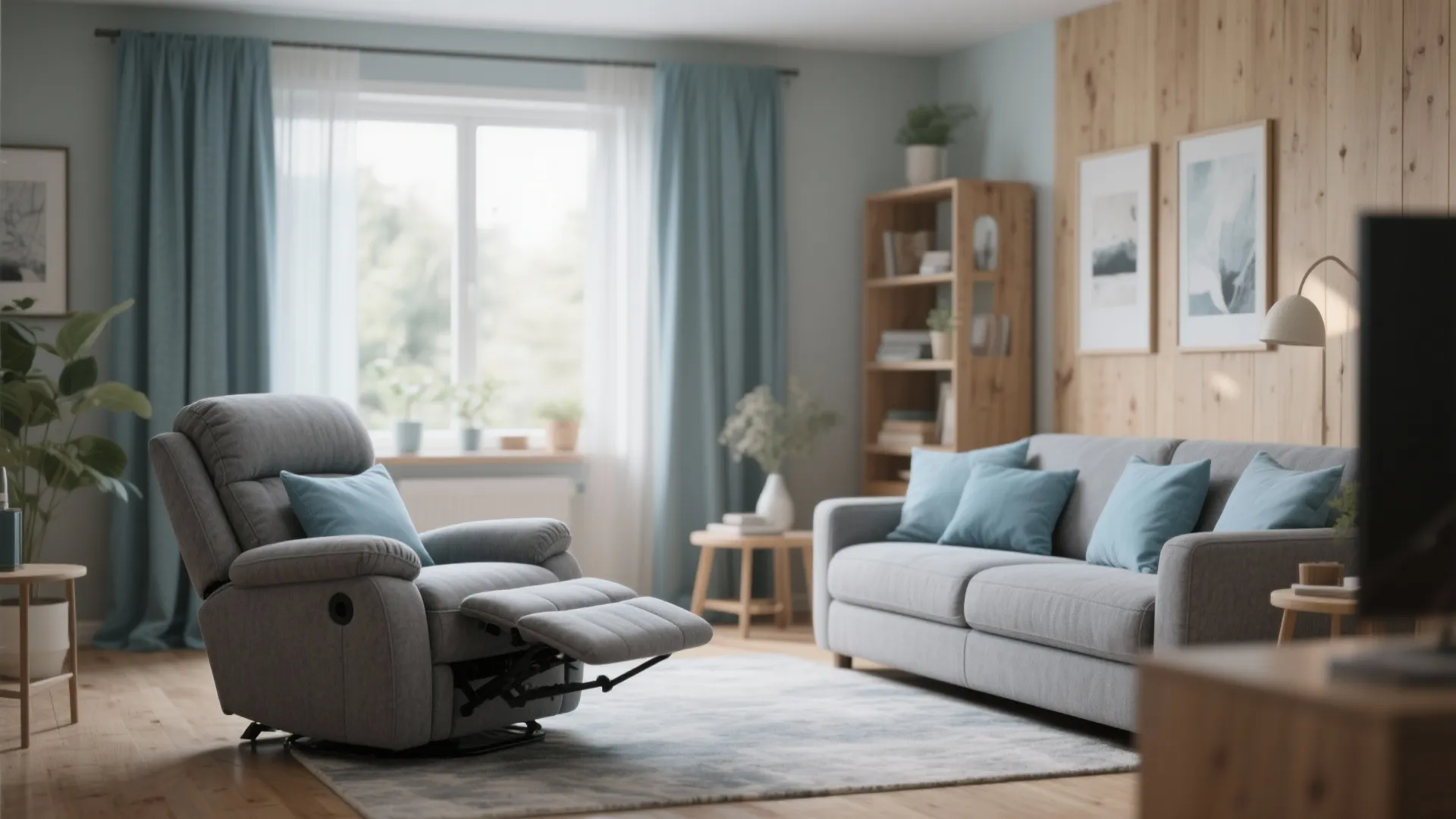 Grey recliner with matching cushions and curtains
