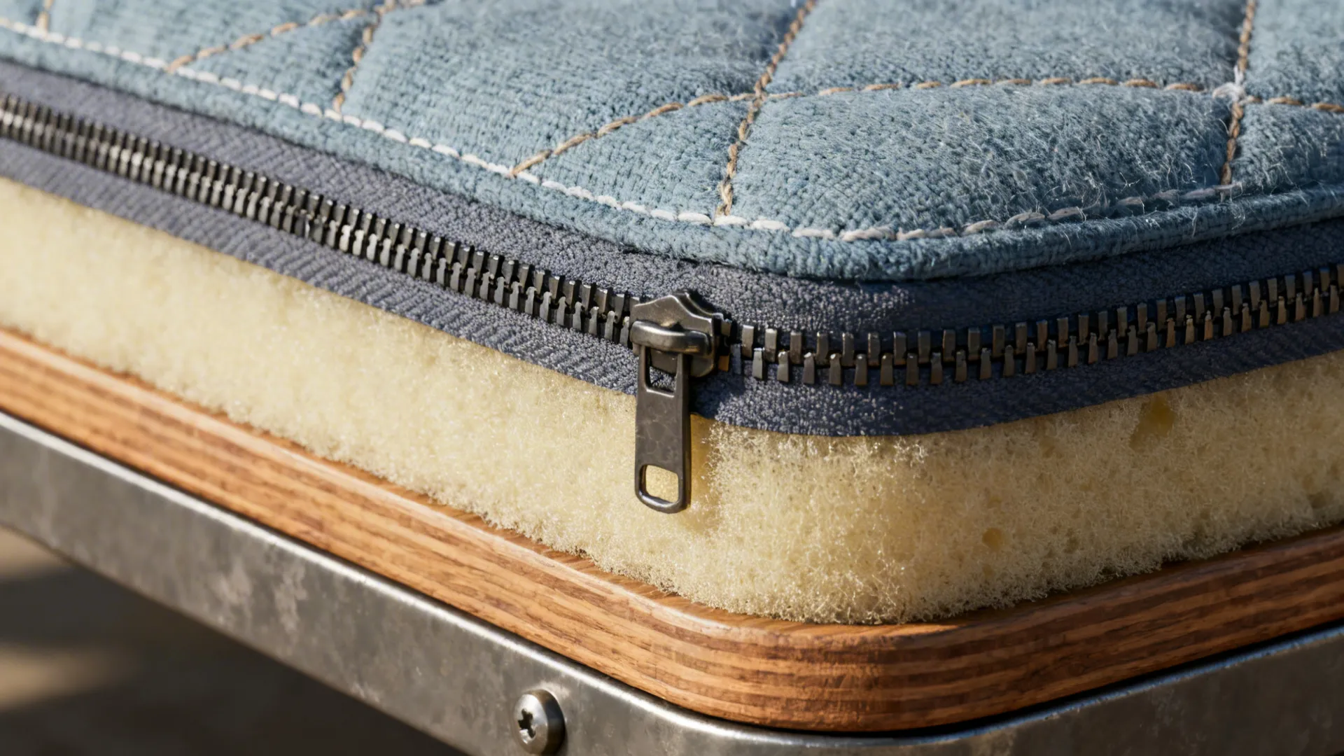 Macro close-up of upholstery zipper, foam layer and frame joint showing construction details.