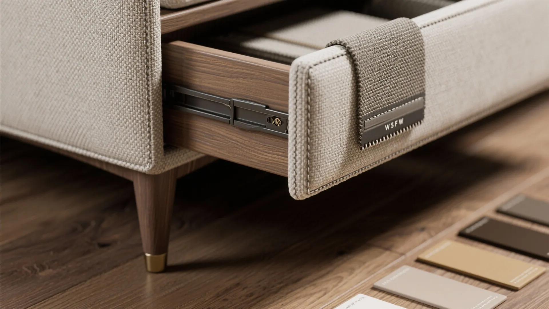 Close-up of upholstery textures, stitching, and hardware details showcasing material quality for small living room sofas.